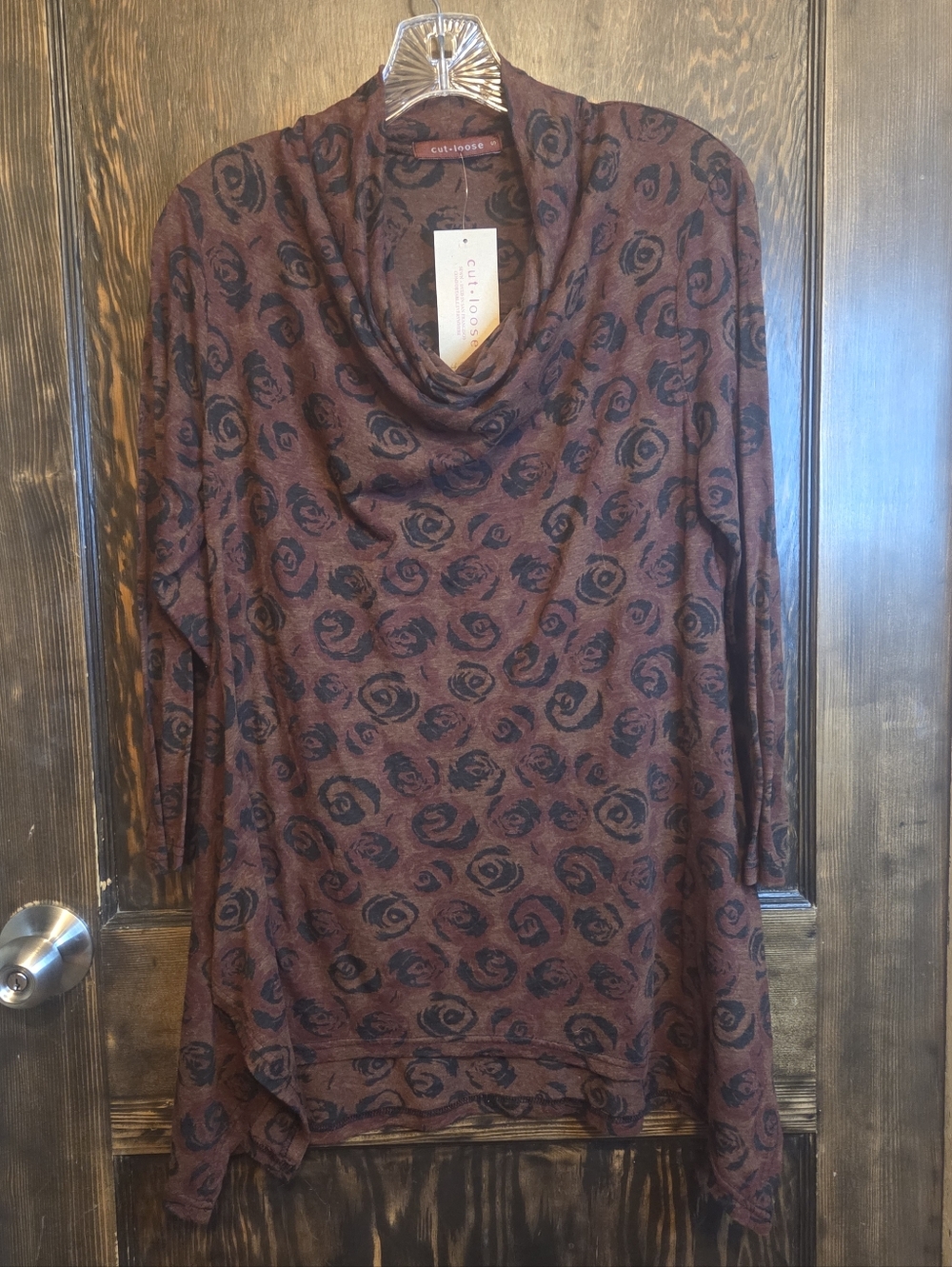 NWT Cut Loose Brick & Black Floral Burnout Cowl Neck Long Sleeve Tunic